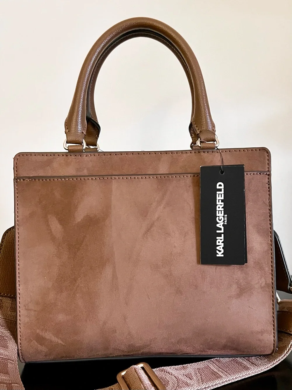Karl Lagerfeld Brown Faux Suede & Leather Satchel/Crossbody with Choupette Pom